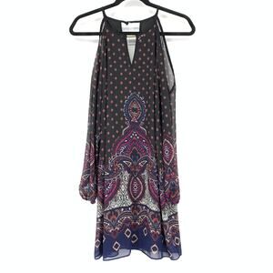A. Byer Cold Shoulder A-Line Dress Womens Sz Medium Long Sleeve Medallion Print